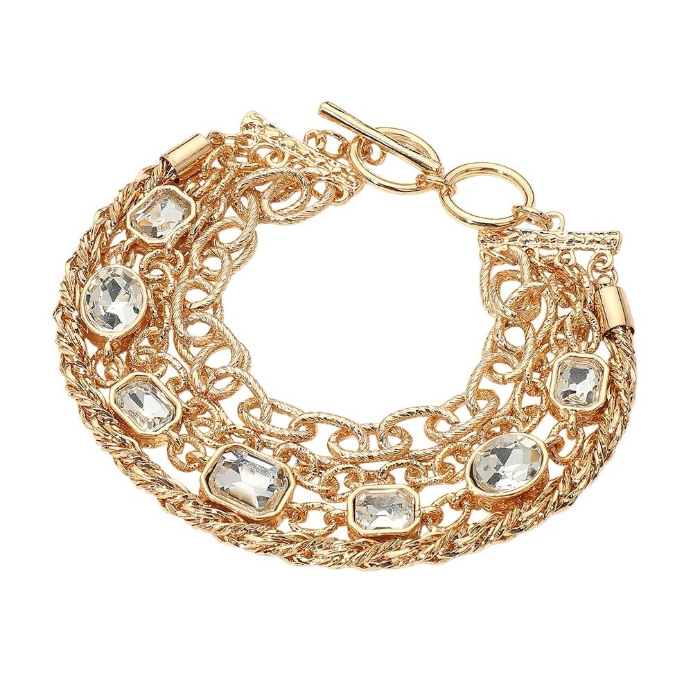Chunky Oval Rectangular Stone Clustered in Gold Chain Bracelet